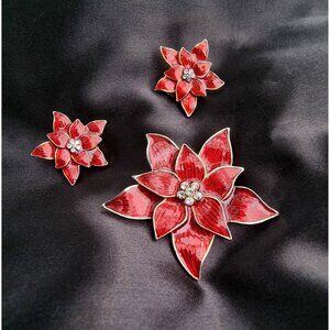 Vintage EISENBERG Signed Christmas Poinsettia Red Flower Enamel Brooch Earrings
